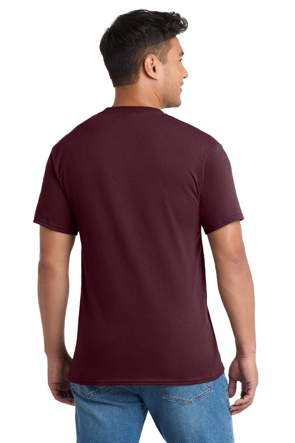 Port & Company PC55P/PC55PT Mens Core Short Sleeve Crewneck T-Shirt w/ Pocket Athletic Maroon Model Back