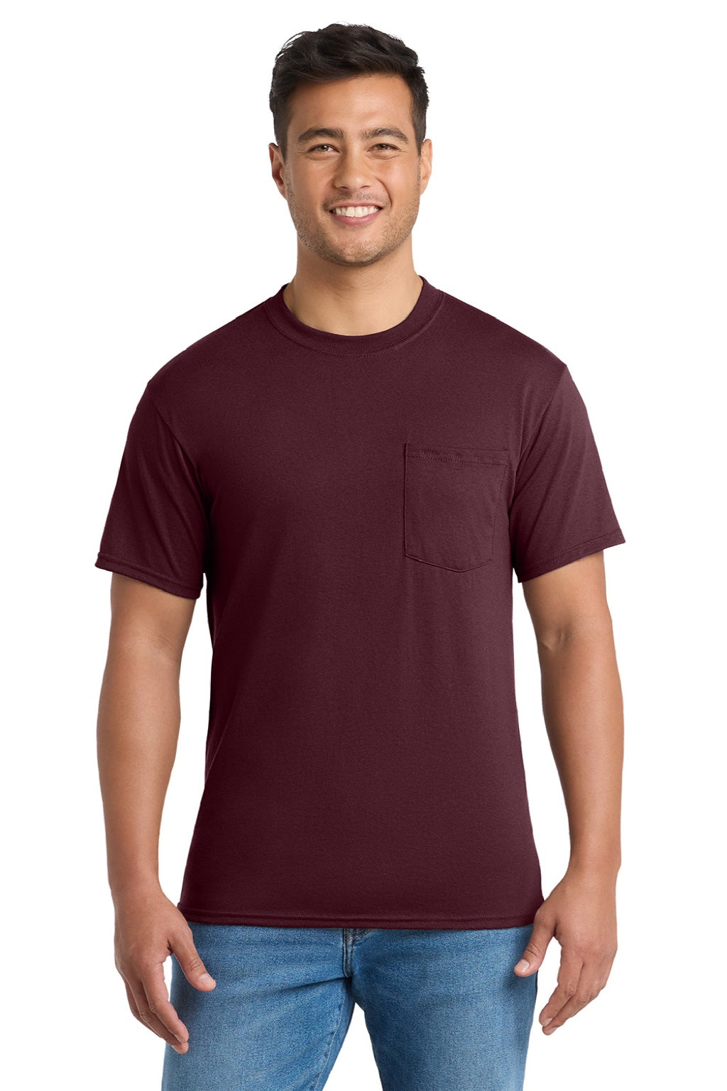 Port & Company PC55P/PC55PT Mens Core Short Sleeve Crewneck T-Shirt w/ Pocket Athletic Maroon Model Front