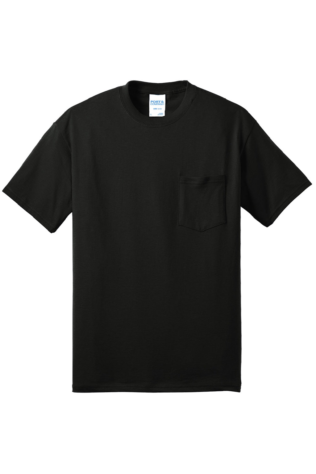 Port & Company PC55P/PC55PT Mens Core Short Sleeve Crewneck T-Shirt w/ Pocket Jet Black Flat Front