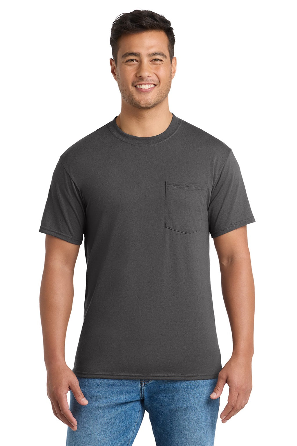 Port & Company PC55P/PC55PT Mens Core Short Sleeve Crewneck T-Shirt w/ Pocket Charcoal Grey Model Front