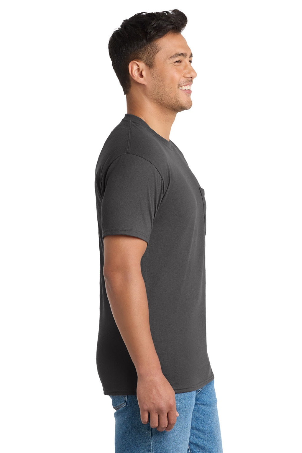 Port & Company PC55P/PC55PT Mens Core Short Sleeve Crewneck T-Shirt w/ Pocket Charcoal Grey Model Side