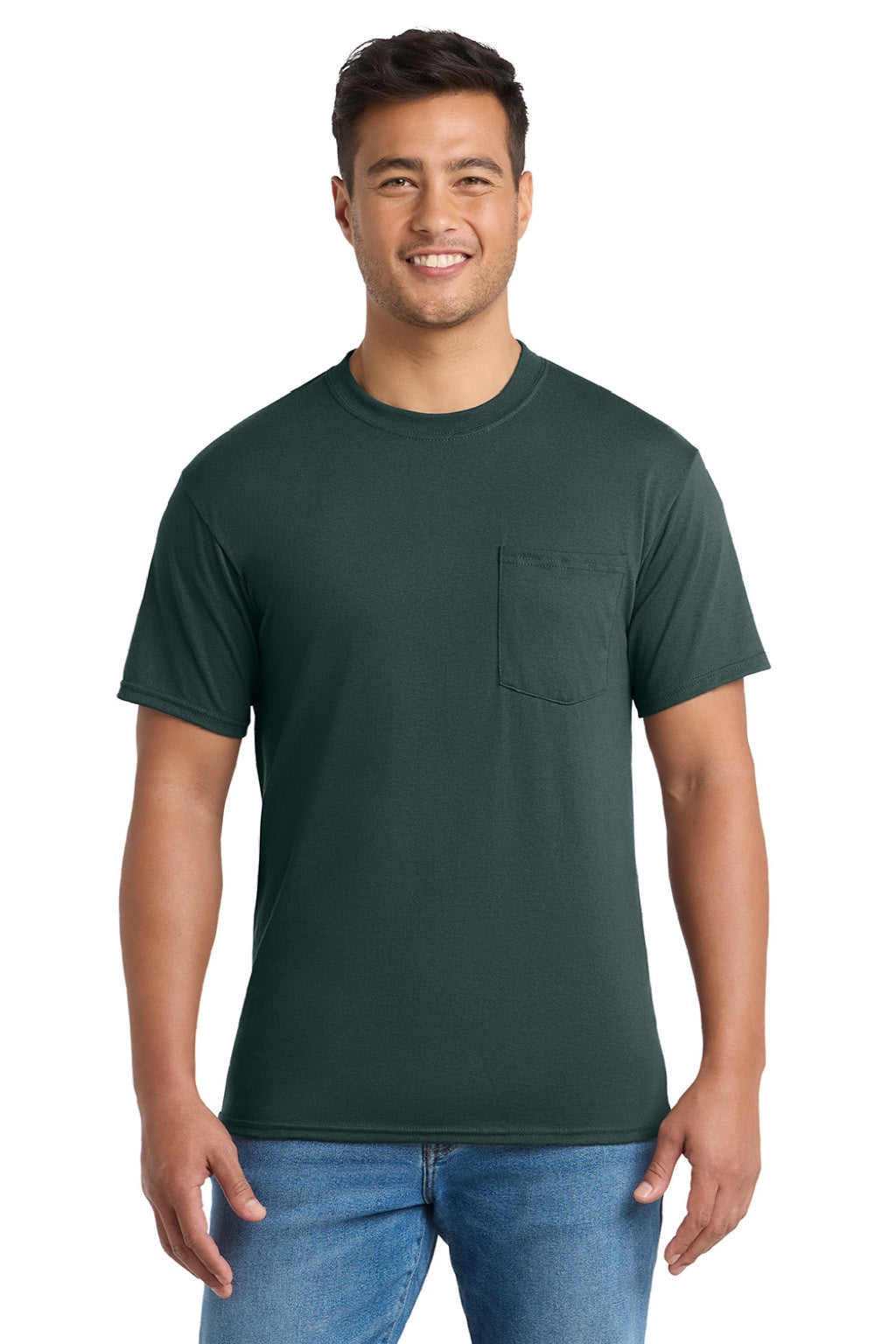 Port & Company PC55P/PC55PT Mens Core Short Sleeve Crewneck T-Shirt w/ Pocket Dark Green Model Front