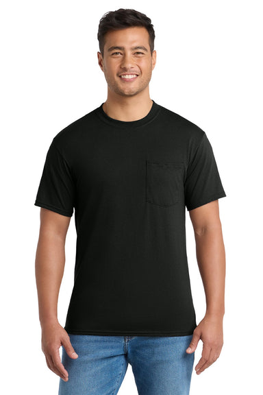 Port & Company PC55P/PC55PT Mens Core Short Sleeve Crewneck T-Shirt w/ Pocket Jet Black Model Front
