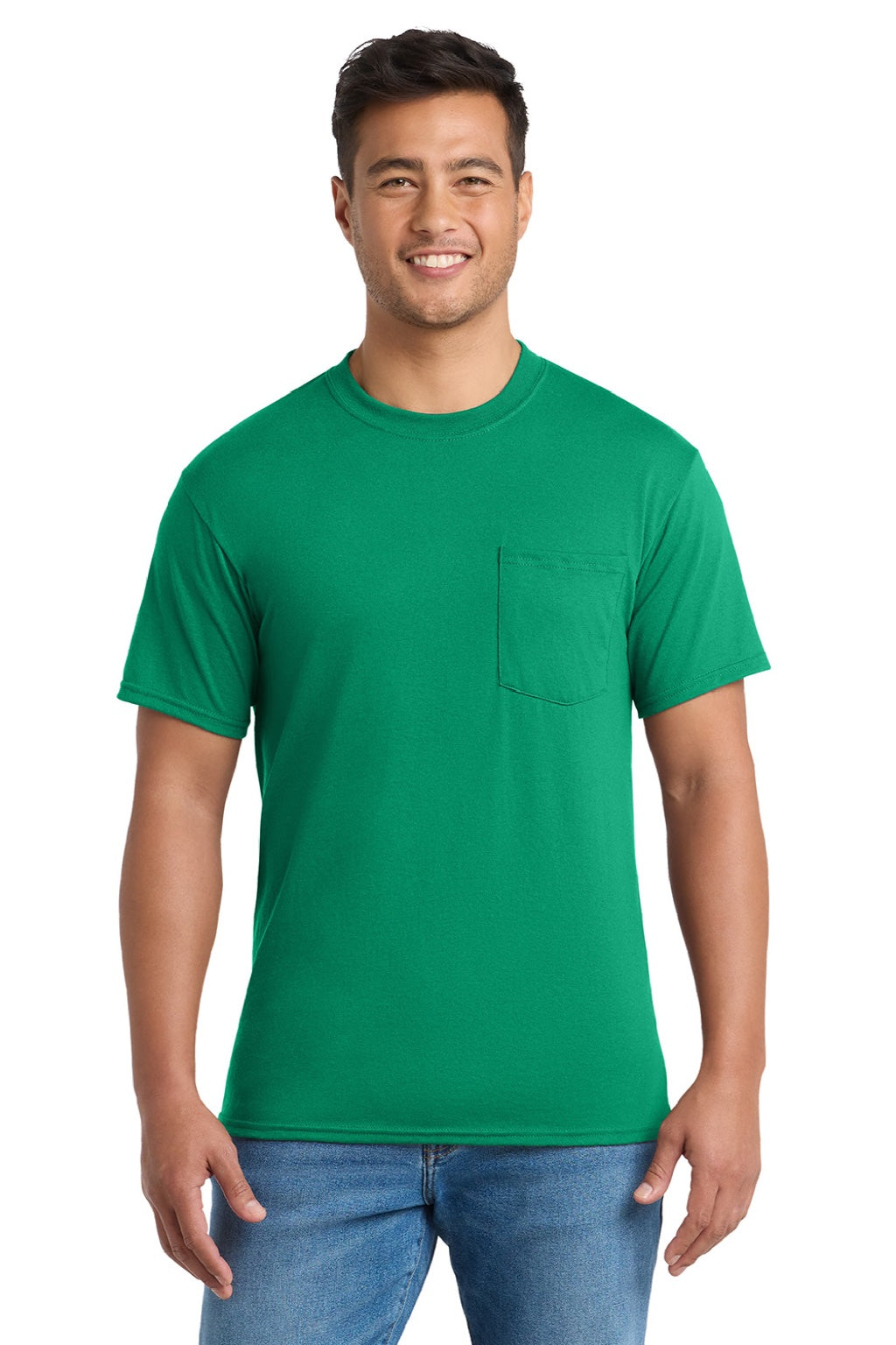 Port & Company PC55P/PC55PT Mens Core Short Sleeve Crewneck T-Shirt w/ Pocket Kelly Green Model Front