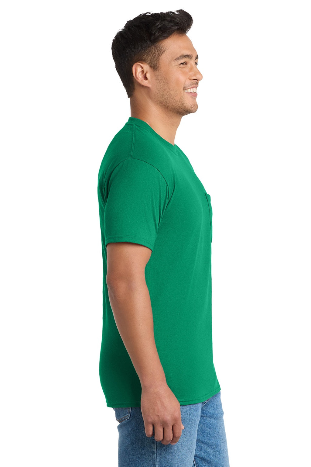 Port & Company PC55P/PC55PT Mens Core Short Sleeve Crewneck T-Shirt w/ Pocket Kelly Green Model Side