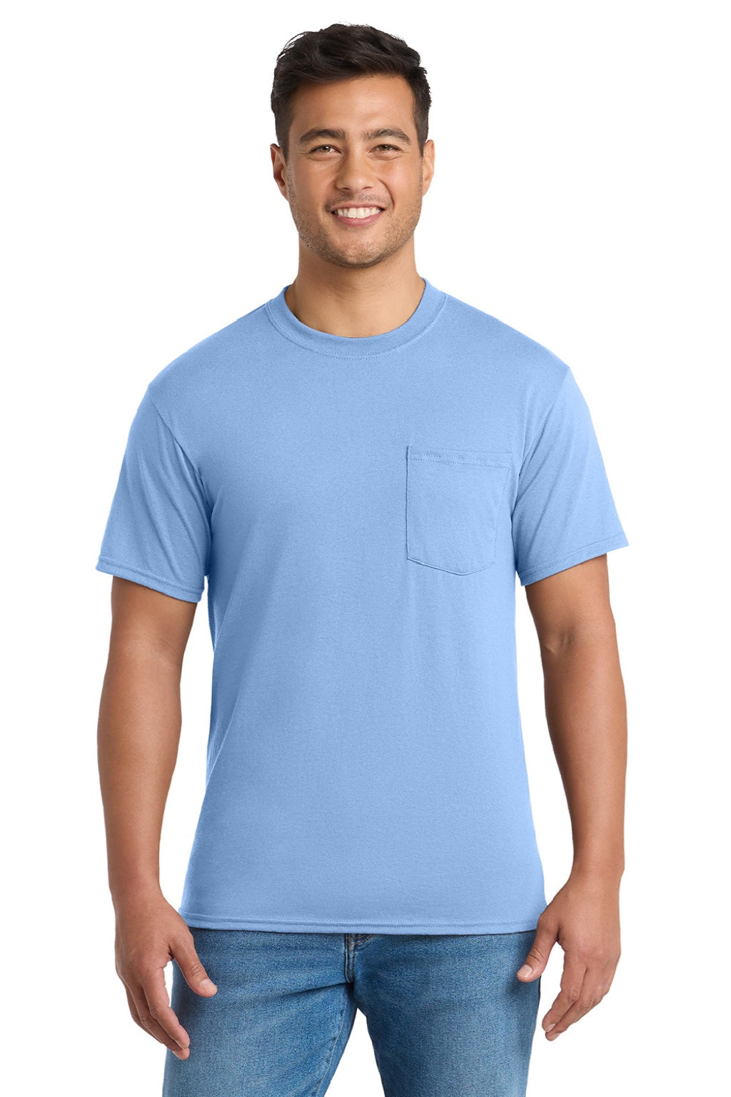 Port & Company PC55P/PC55PT Mens Core Short Sleeve Crewneck T-Shirt w/ Pocket Light Blue Model Front