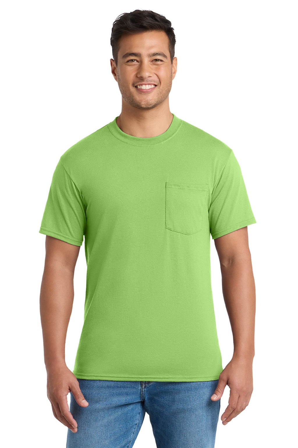 Port & Company PC55P/PC55PT Mens Core Short Sleeve Crewneck T-Shirt w/ Pocket Lime Green Model Front