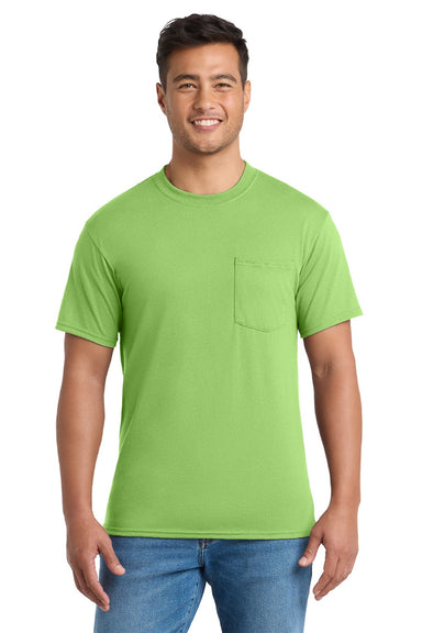 Port & Company PC55P/PC55PT Mens Core Short Sleeve Crewneck T-Shirt w/ Pocket Lime Green Model Front