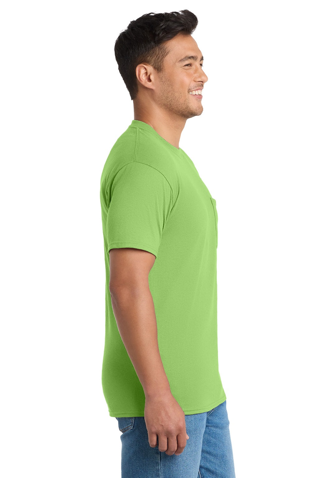 Port & Company PC55P/PC55PT Mens Core Short Sleeve Crewneck T-Shirt w/ Pocket Lime Green Model Side