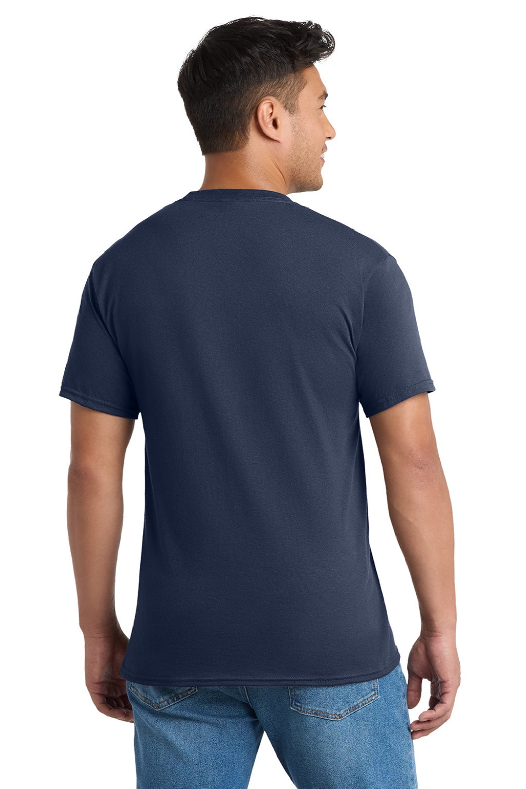 Port & Company PC55P/PC55PT Mens Core Short Sleeve Crewneck T-Shirt w/ Pocket Navy Blue Model Back