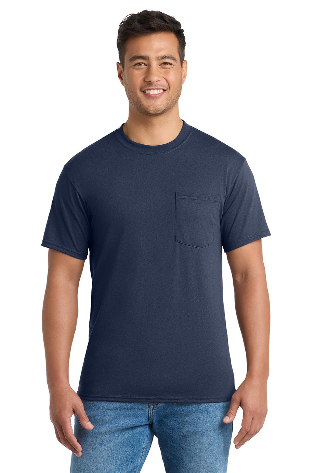 Port & Company PC55P/PC55PT Mens Core Short Sleeve Crewneck T-Shirt w/ Pocket Navy Blue Model Front