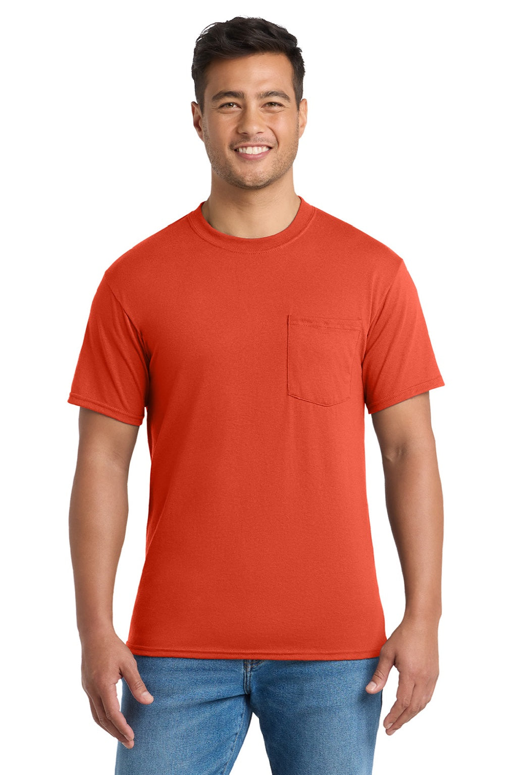 Port & Company PC55P/PC55PT Mens Core Short Sleeve Crewneck T-Shirt w/ Pocket Orange Model Front