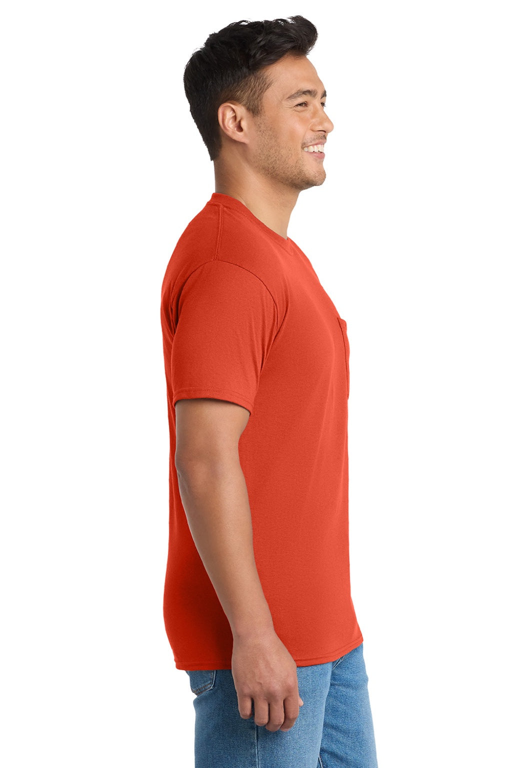 Port & Company PC55P/PC55PT Mens Core Short Sleeve Crewneck T-Shirt w/ Pocket Orange Model Side