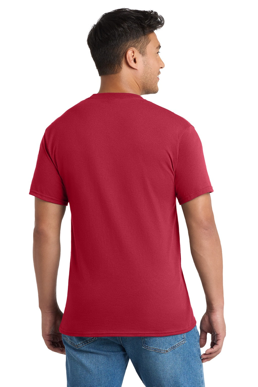 Port & Company PC55P/PC55PT Mens Core Short Sleeve Crewneck T-Shirt w/ Pocket Red Model Back