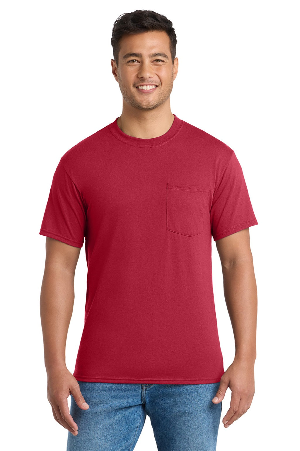 Port & Company PC55P/PC55PT Mens Core Short Sleeve Crewneck T-Shirt w/ Pocket Red Model Front