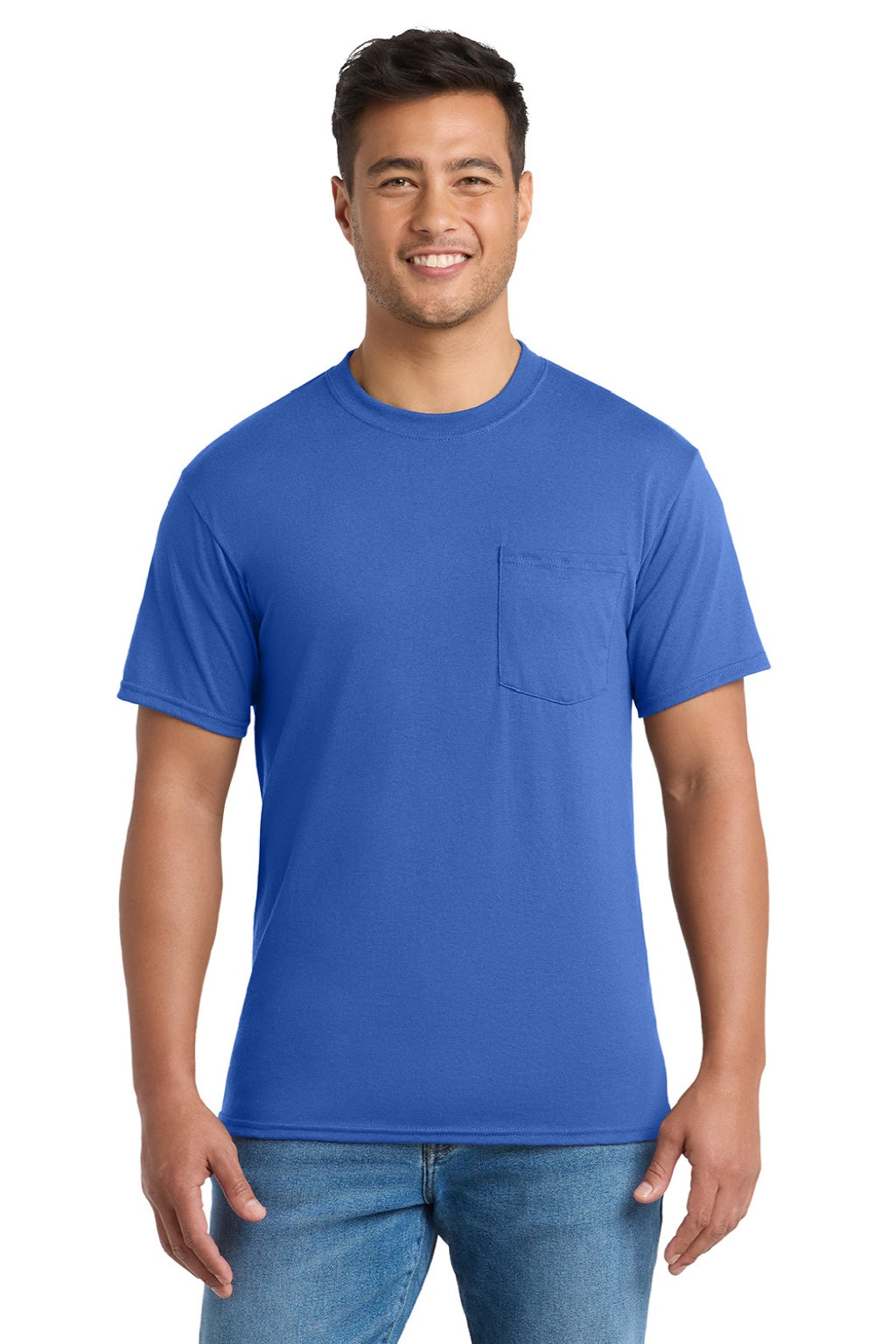 Port & Company PC55P/PC55PT Mens Core Short Sleeve Crewneck T-Shirt w/ Pocket Royal Blue Model Front