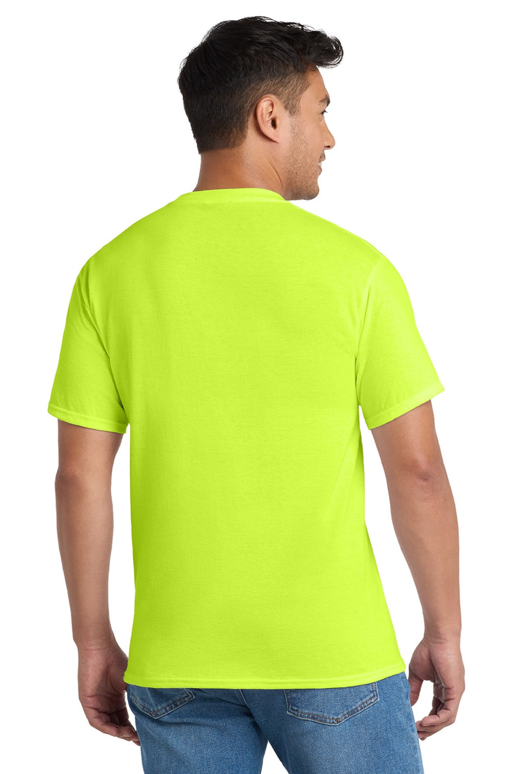 Port & Company PC55P/PC55PT Mens Core Short Sleeve Crewneck T-Shirt w/ Pocket Safety Green Model Back
