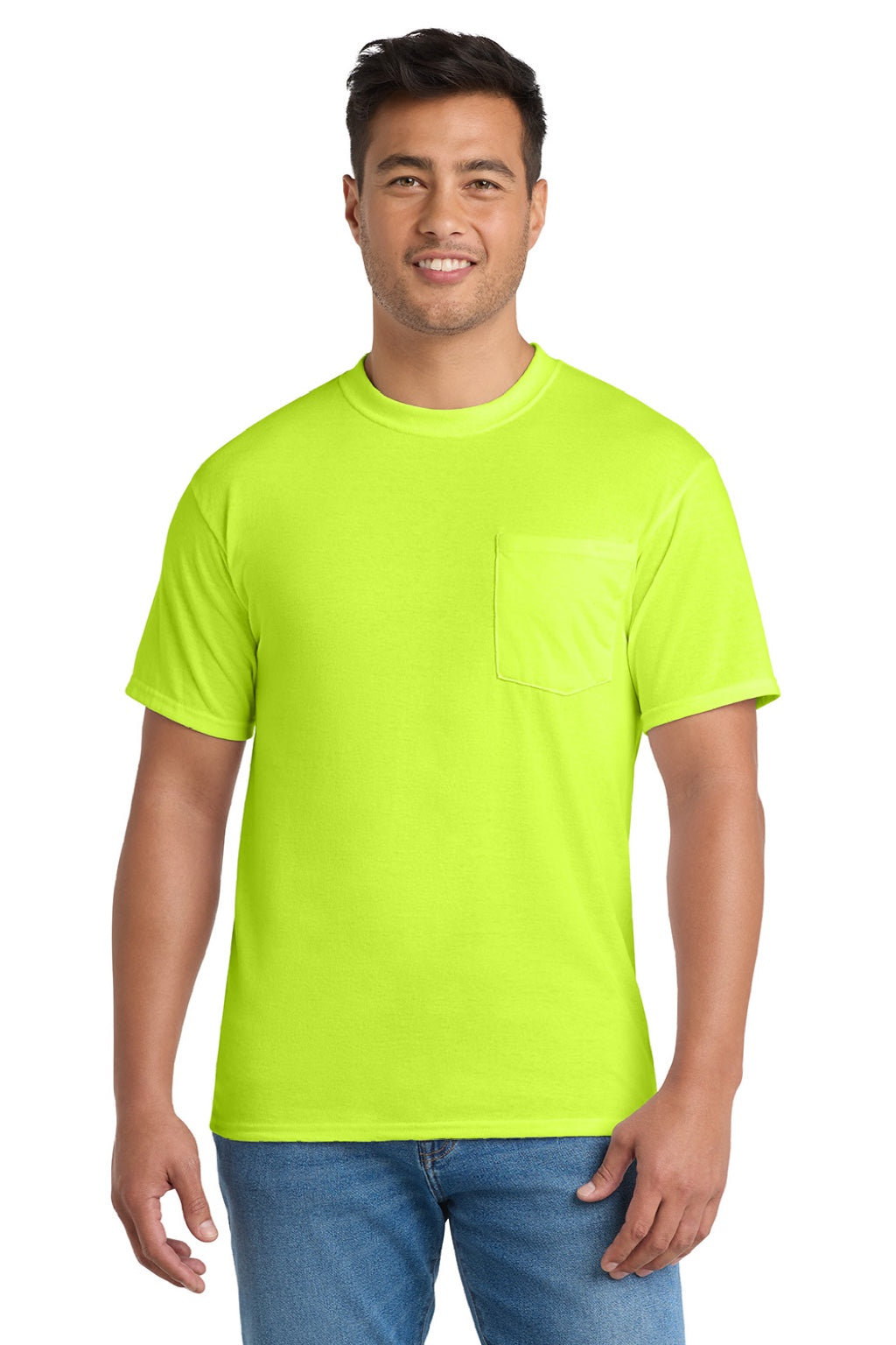 Port & Company PC55P/PC55PT Mens Core Short Sleeve Crewneck T-Shirt w/ Pocket Safety Green Model Front