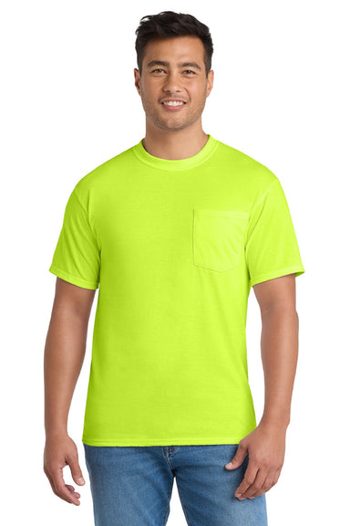 Port & Company PC55P/PC55PT Mens Core Short Sleeve Crewneck T-Shirt w/ Pocket Safety Green Model Front