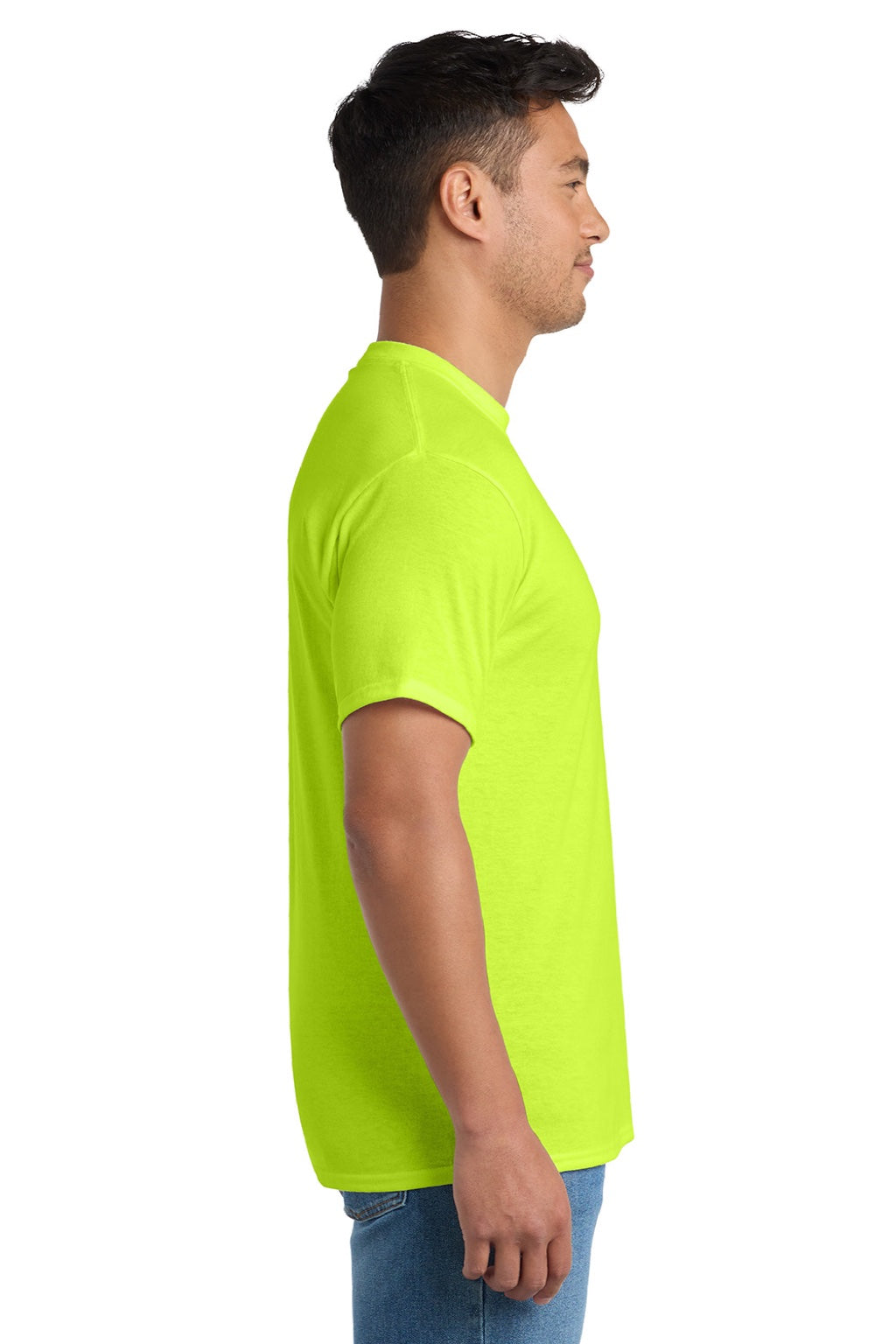 Port & Company PC55P/PC55PT Mens Core Short Sleeve Crewneck T-Shirt w/ Pocket Safety Green Model Side