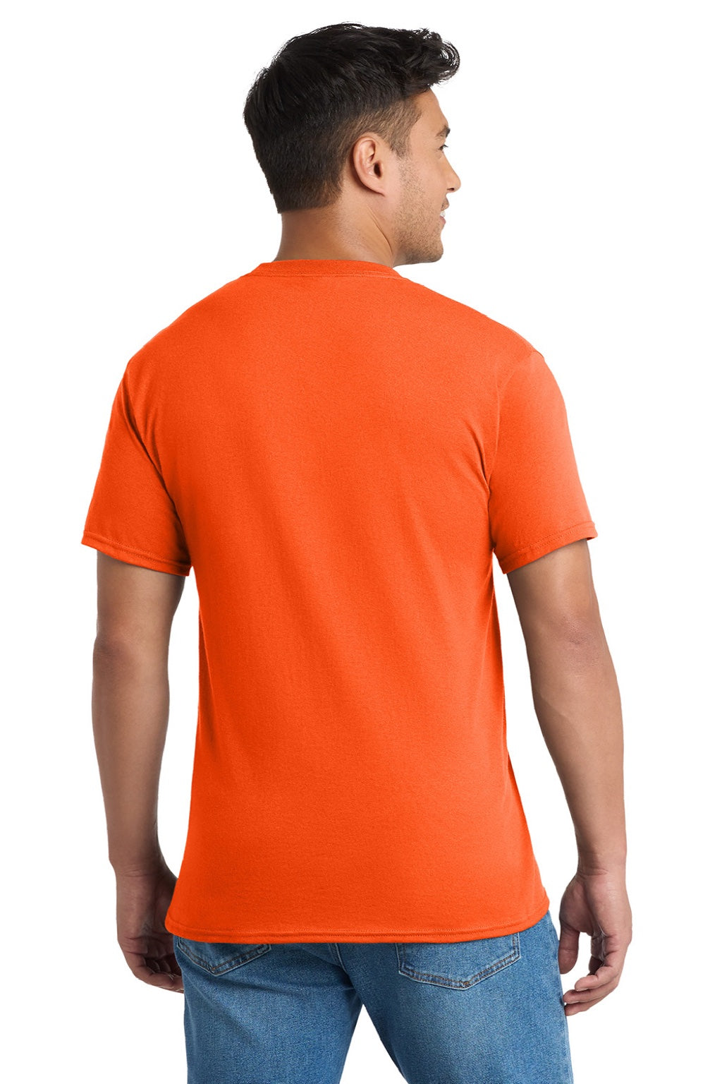 Port & Company PC55P/PC55PT Mens Core Short Sleeve Crewneck T-Shirt w/ Pocket Safety Orange Model Back