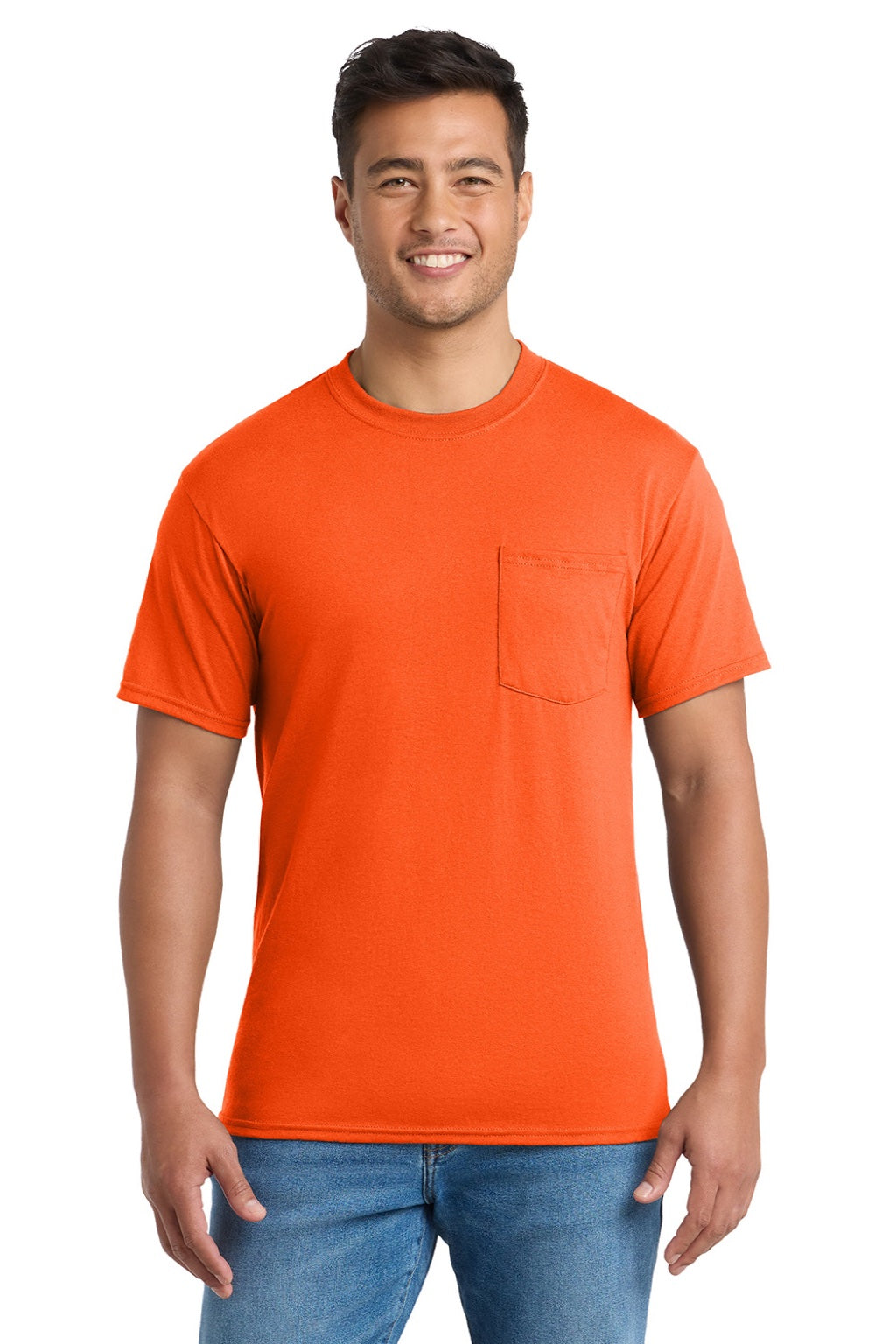 Port & Company PC55P/PC55PT Mens Core Short Sleeve Crewneck T-Shirt w/ Pocket Safety Orange Model Front