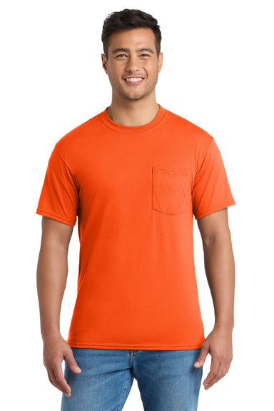 Port & Company PC55P/PC55PT Mens Core Short Sleeve Crewneck T-Shirt w/ Pocket Safety Orange Model Front