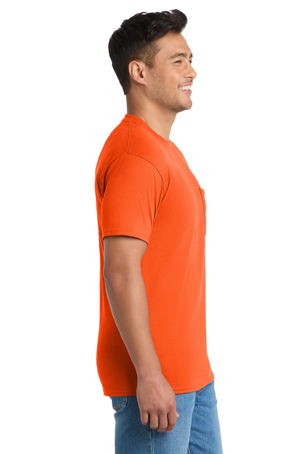 Port & Company PC55P/PC55PT Mens Core Short Sleeve Crewneck T-Shirt w/ Pocket Safety Orange Model Side