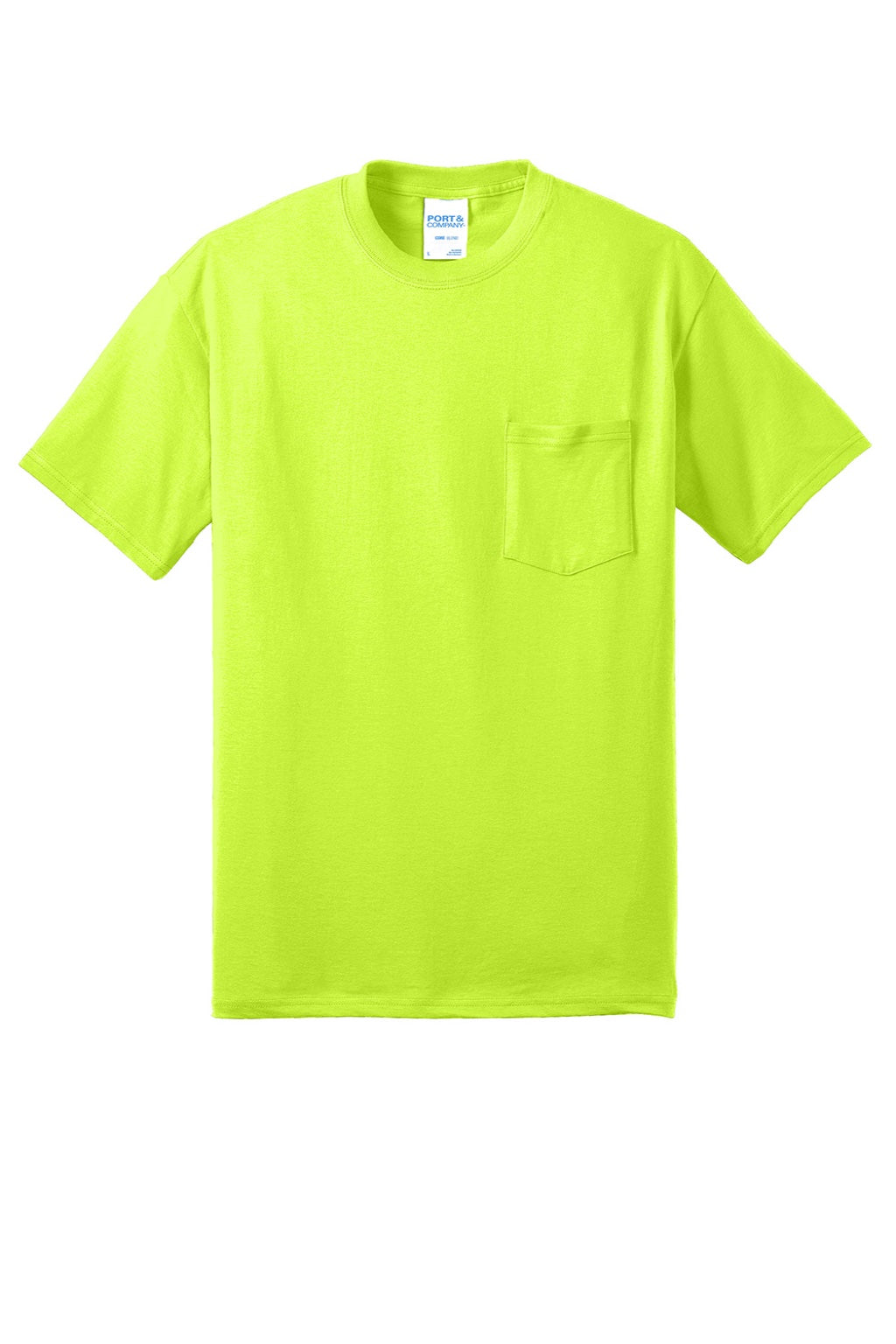 Port & Company PC55P/PC55PT Mens Core Short Sleeve Crewneck T-Shirt w/ Pocket Safety Green Flat Front