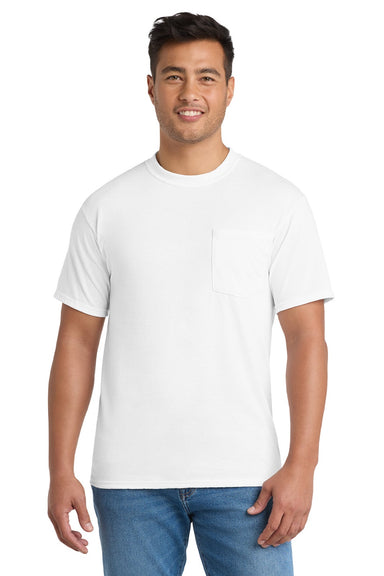 Port & Company PC55P/PC55PT Mens Core Short Sleeve Crewneck T-Shirt w/ Pocket White Model Front