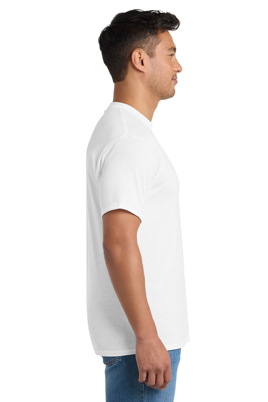 Port & Company PC55P/PC55PT Mens Core Short Sleeve Crewneck T-Shirt w/ Pocket White Model Side