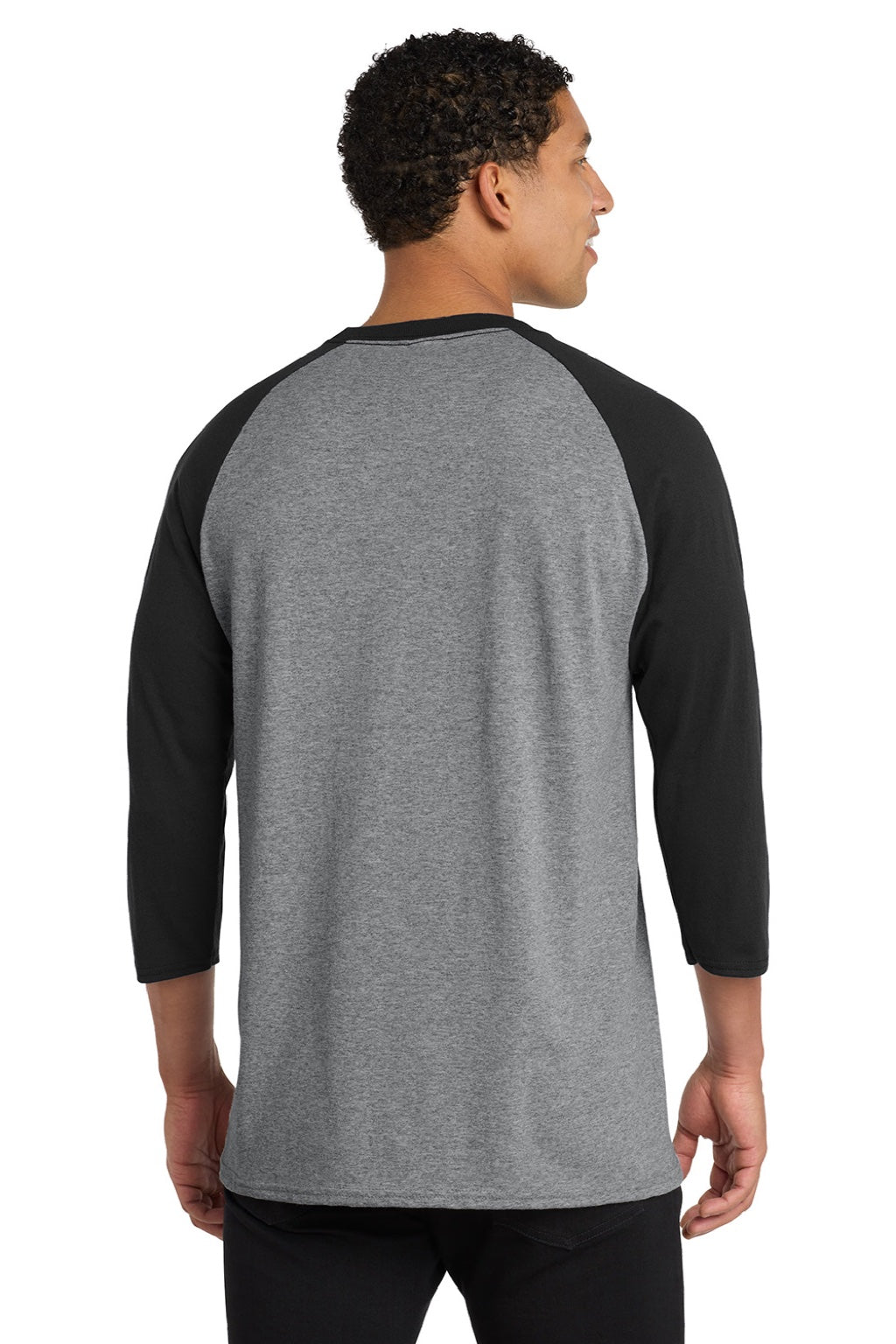 Port & Company PC55RS Mens Core Moisture Wicking 3/4 Sleeve Crewneck T-Shirt Heather Grey/Jet Black Model Back