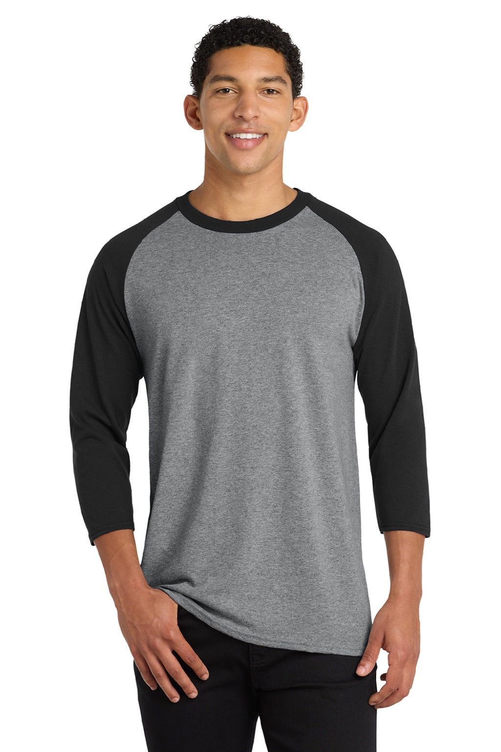 Port & Company PC55RS Mens Core Moisture Wicking 3/4 Sleeve Crewneck T-Shirt Heather Grey/Jet Black Model Front