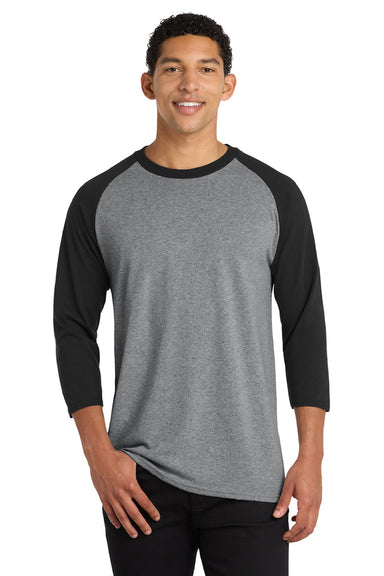 Port & Company PC55RS Mens Core Moisture Wicking 3/4 Sleeve Crewneck T-Shirt Heather Grey/Jet Black Model Front