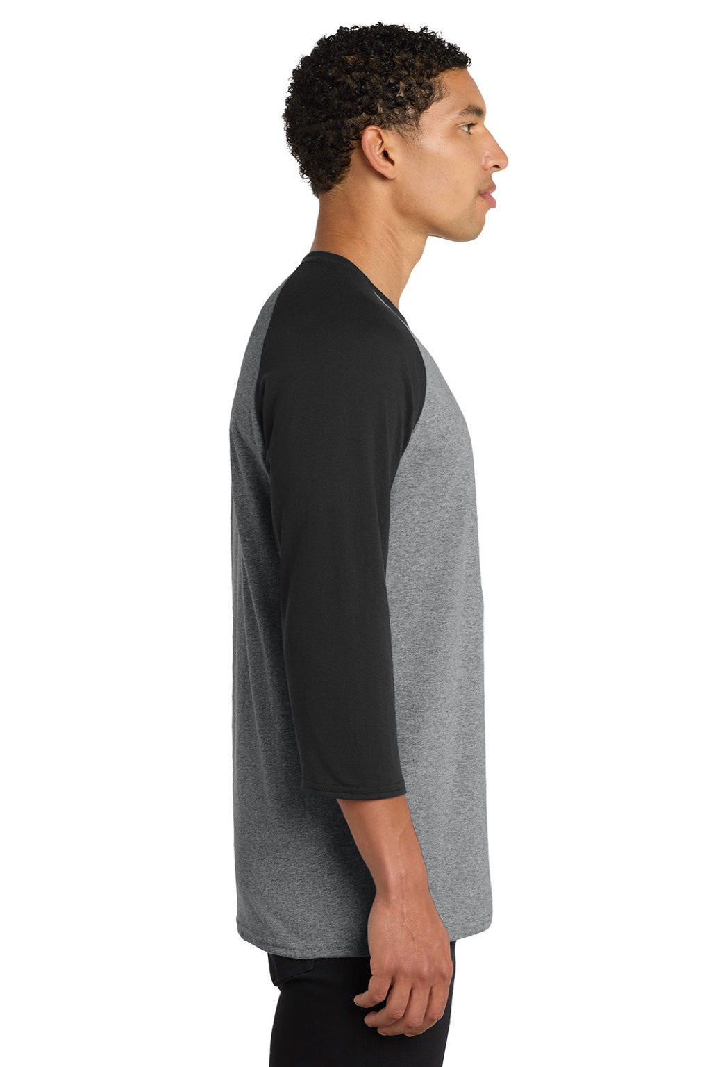 Port & Company PC55RS Mens Core Moisture Wicking 3/4 Sleeve Crewneck T-Shirt Heather Grey/Jet Black Model Side