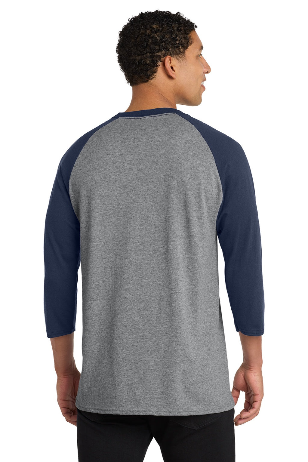 Port & Company PC55RS Mens Core Moisture Wicking 3/4 Sleeve Crewneck T-Shirt Heather Grey/Navy Blue Model Back