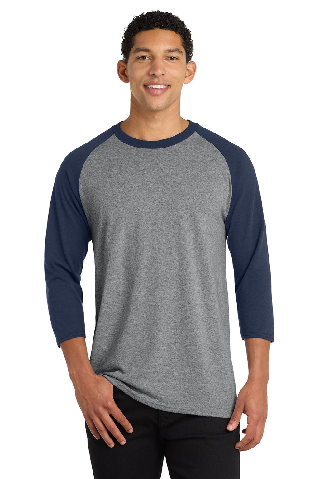 Port & Company PC55RS Mens Core Moisture Wicking 3/4 Sleeve Crewneck T-Shirt Heather Grey/Navy Blue Model Front