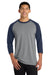 Port & Company PC55RS Mens Core Moisture Wicking 3/4 Sleeve Crewneck T-Shirt Heather Grey/Navy Blue Model Front