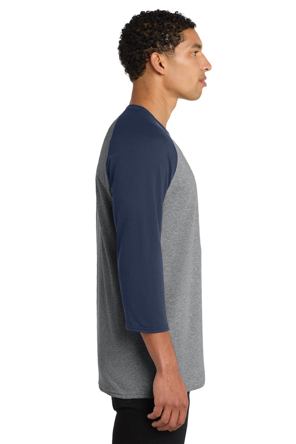 Port & Company PC55RS Mens Core Moisture Wicking 3/4 Sleeve Crewneck T-Shirt Heather Grey/Navy Blue Model Side