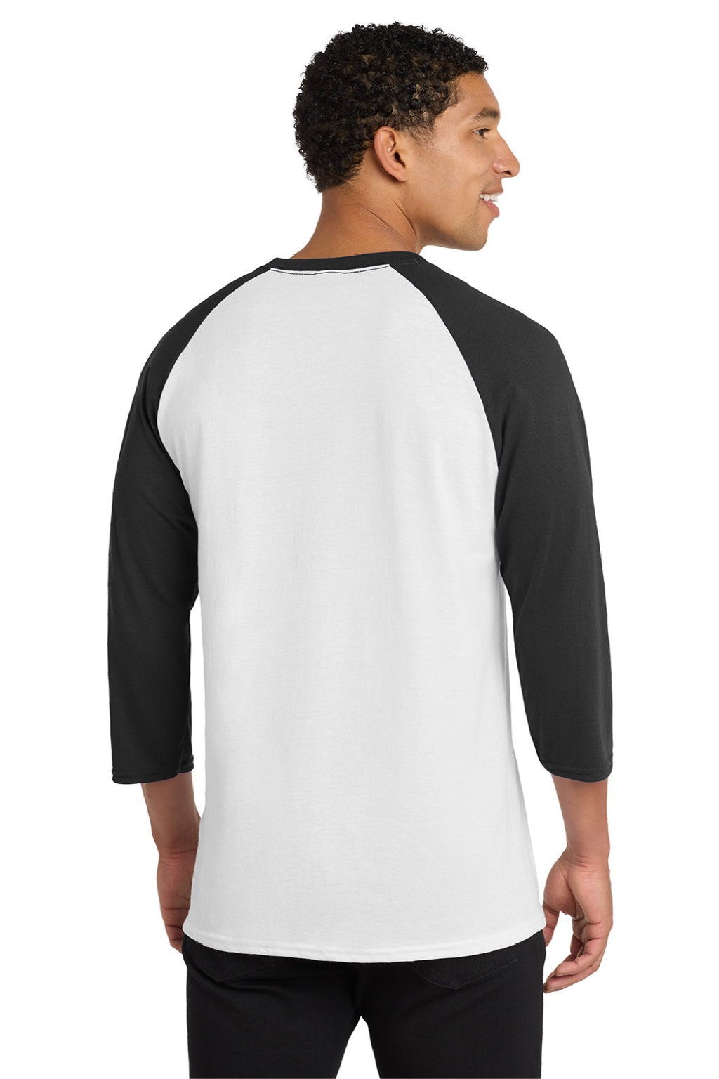 Port & Company PC55RS Mens Core Moisture Wicking 3/4 Sleeve Crewneck T-Shirt White/Jet Black Model Back