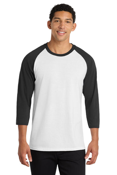 Port & Company PC55RS Mens Core Moisture Wicking 3/4 Sleeve Crewneck T-Shirt White/Jet Black Model Front