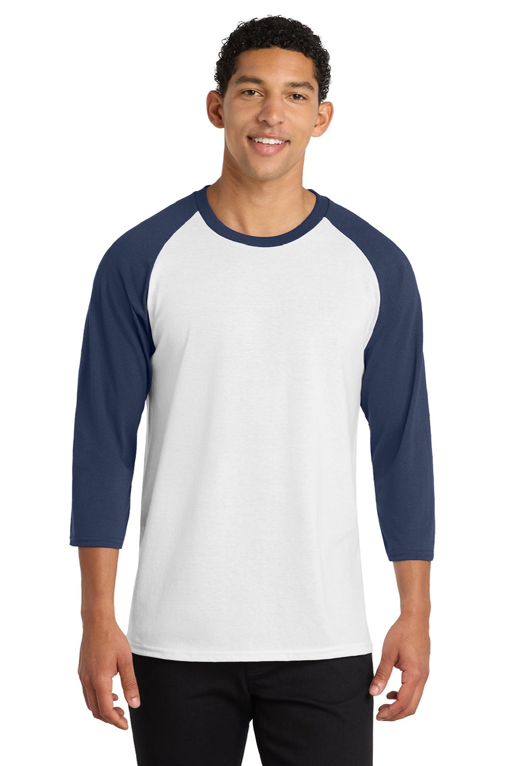 Port & Company PC55RS Mens Core Moisture Wicking 3/4 Sleeve Crewneck T-Shirt White/Navy Blue Model Front