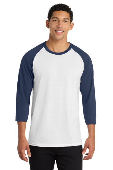 Port & Company PC55RS Mens Core Moisture Wicking 3/4 Sleeve Crewneck T-Shirt White/Navy Blue Model Front