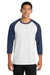 Port & Company PC55RS Mens Core Moisture Wicking 3/4 Sleeve Crewneck T-Shirt White/Navy Blue Model Front