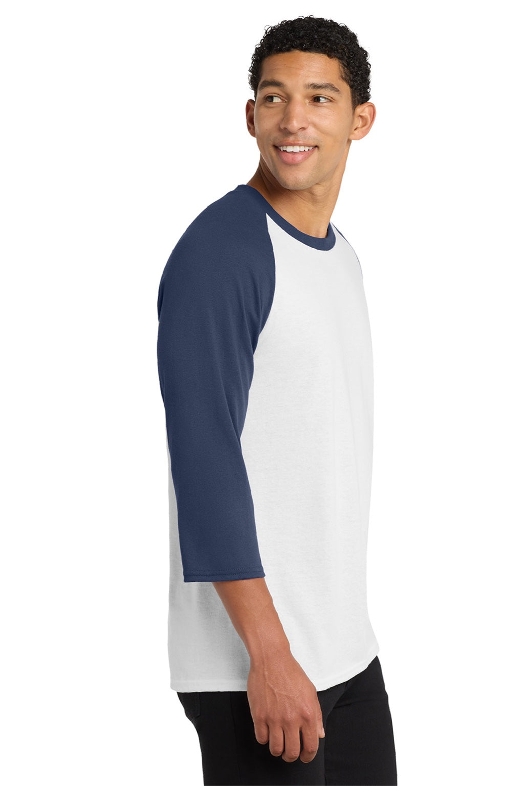 Port & Company PC55RS Mens Core Moisture Wicking 3/4 Sleeve Crewneck T-Shirt White/Navy Blue Model Side
