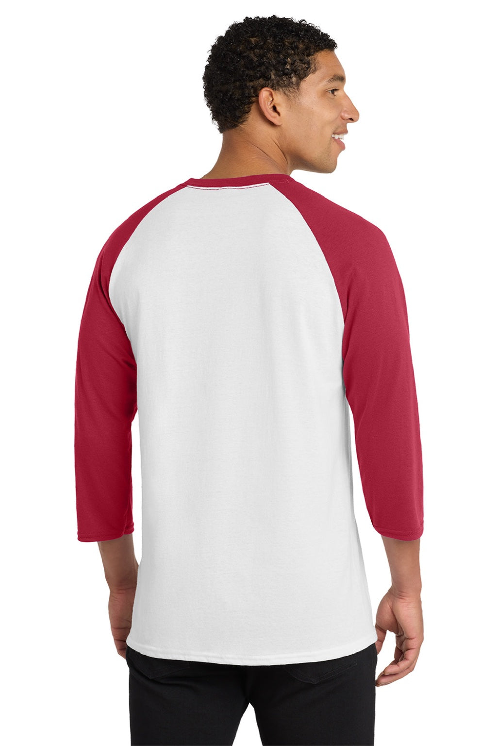 Port & Company PC55RS Mens Core Moisture Wicking 3/4 Sleeve Crewneck T-Shirt White/Red Model Back