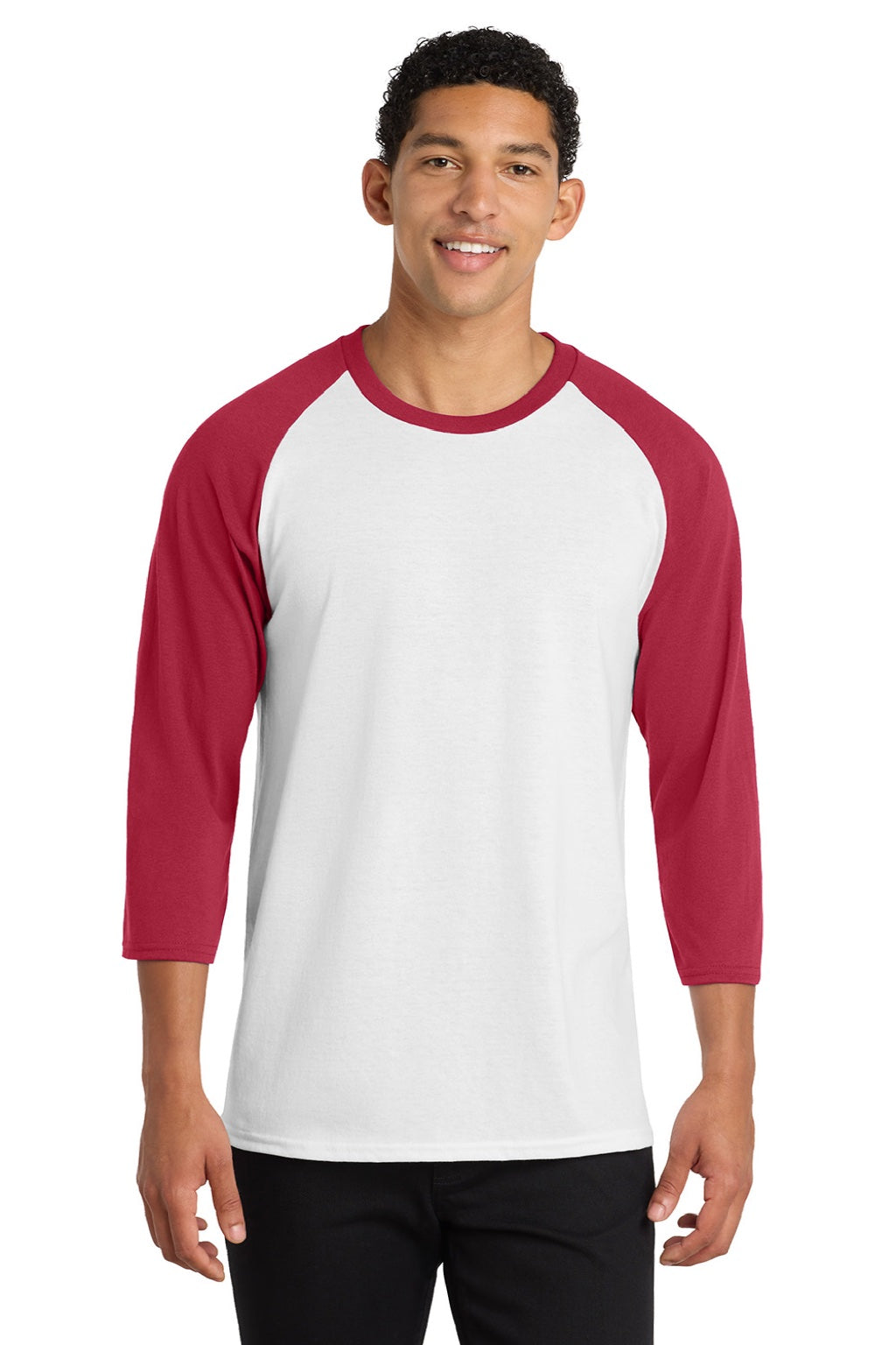 Port & Company PC55RS Mens Core Moisture Wicking 3/4 Sleeve Crewneck T-Shirt White/Red Model Front