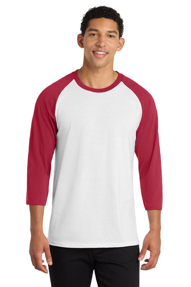 Port & Company PC55RS Mens Core Moisture Wicking 3/4 Sleeve Crewneck T-Shirt White/Red Model Front