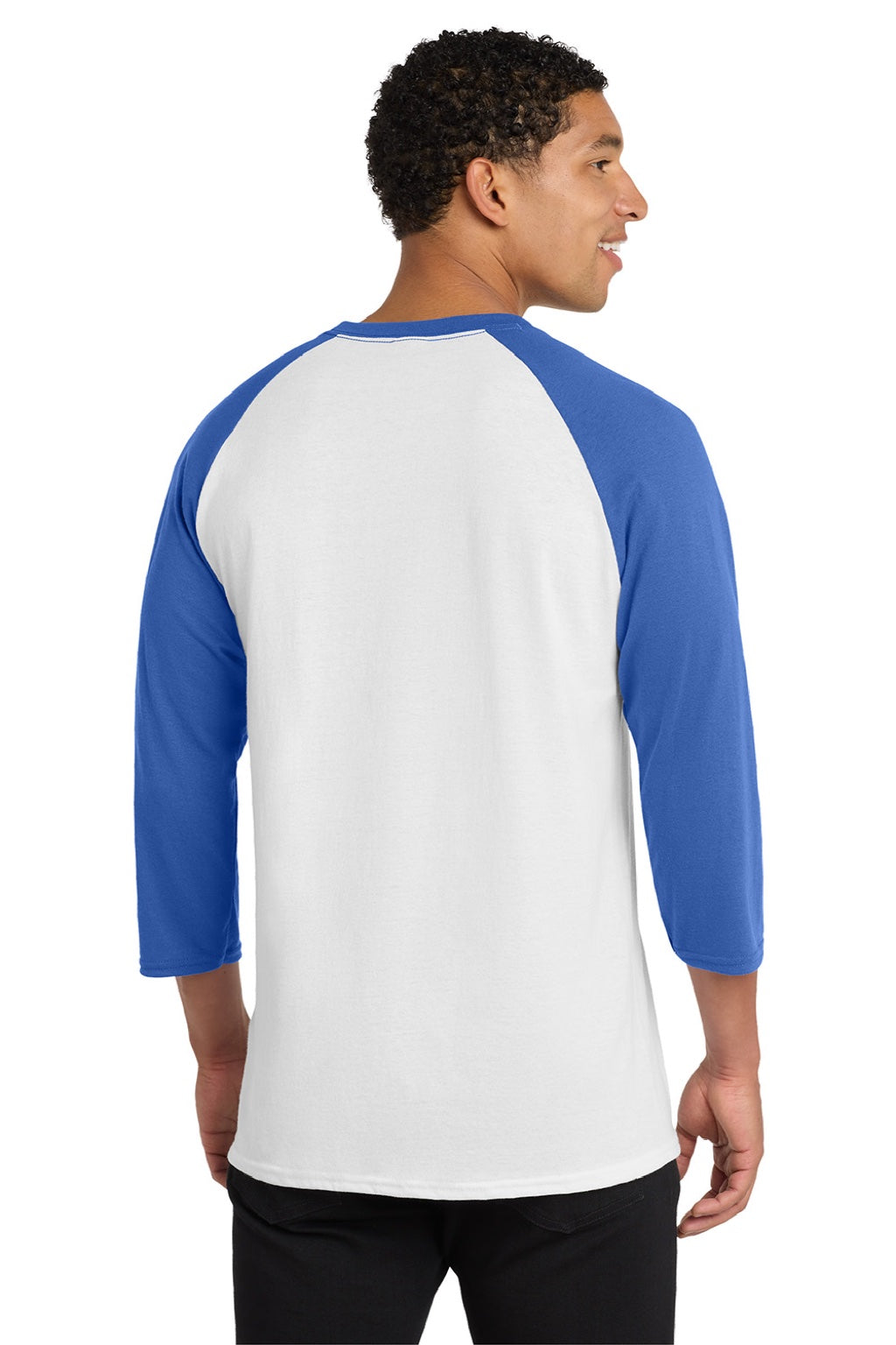 Port & Company PC55RS Mens Core Moisture Wicking 3/4 Sleeve Crewneck T-Shirt White/Royal Blue Model Back