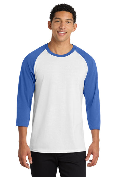 Port & Company PC55RS Mens Core Moisture Wicking 3/4 Sleeve Crewneck T-Shirt White/Royal Blue Model Front